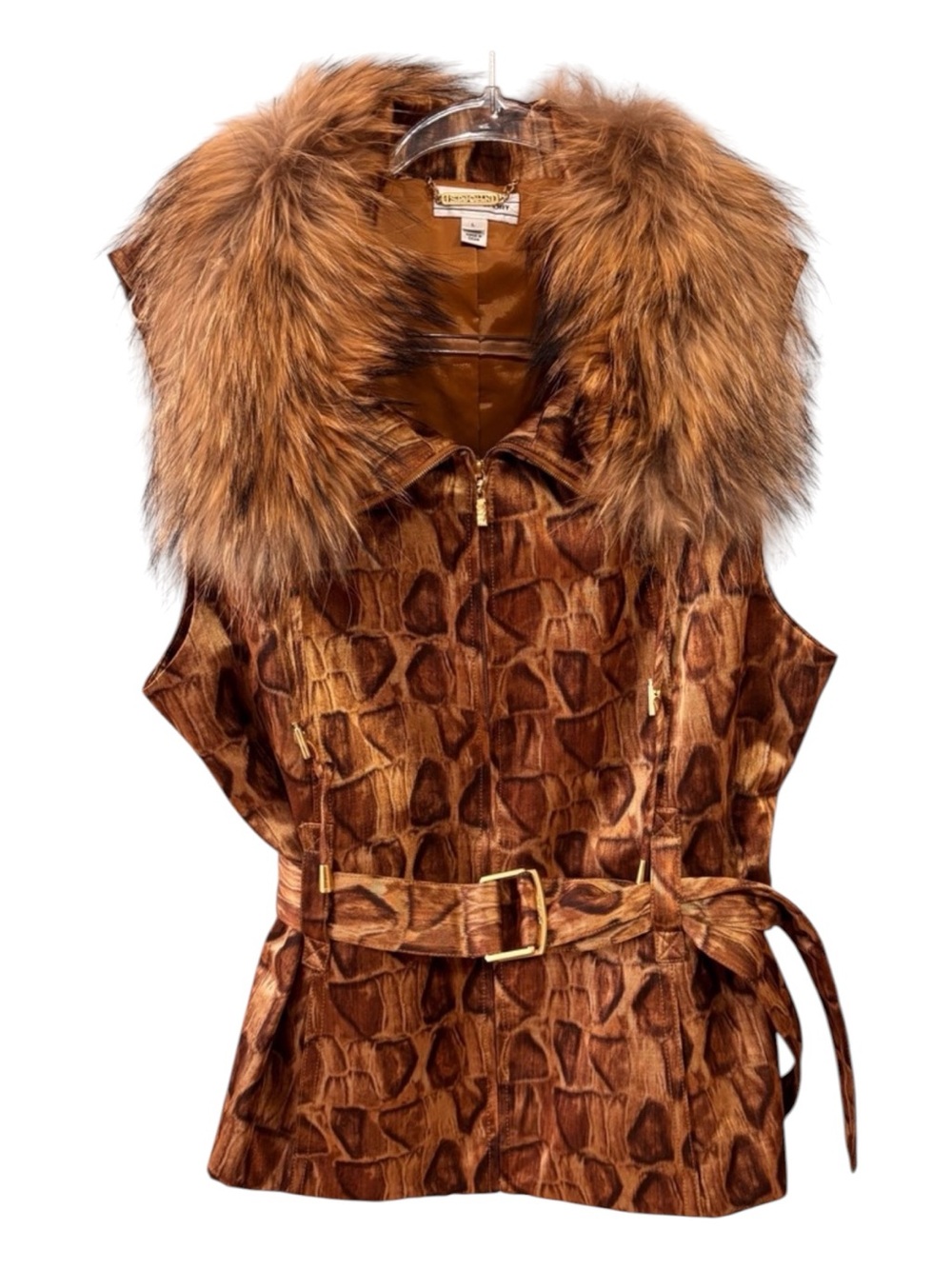 NWOT St John Sport Raccoon Fur Trimmed Animal Print Lined  Vest with Belt Sz L